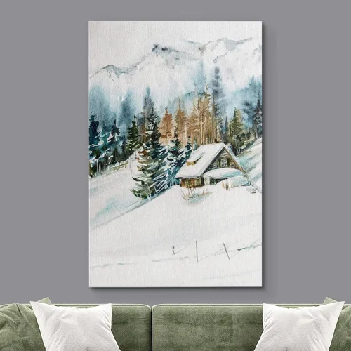 Vista 2 de SIGNWIN Lienzo impreso para pared, diseño de bosque y guardería, cabaña de troncos, invierno, nieve, montaña, bosque, ilustraciones de naturaleza
