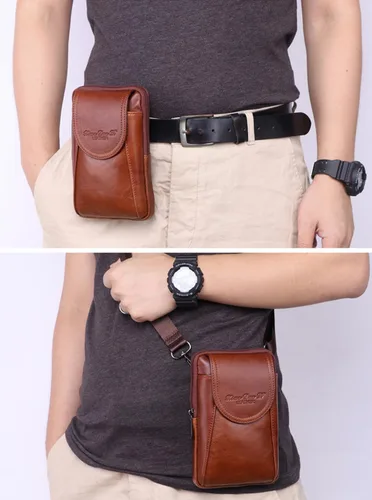 Vista 2 de Cinturón de cuero genuino para la cintura, bolsa cruzada simple para teléfono inteligente, bolsa de mensajero vintage pequeña para hombre