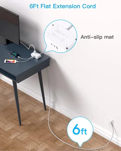 Vista 3 de HANYCONY - Tira de alimentación de enchufe plano de 6 pies, cable de extensión plano ultrafino, 3 tomacorrientes, 3 puertos USB (2 USB C), extensor