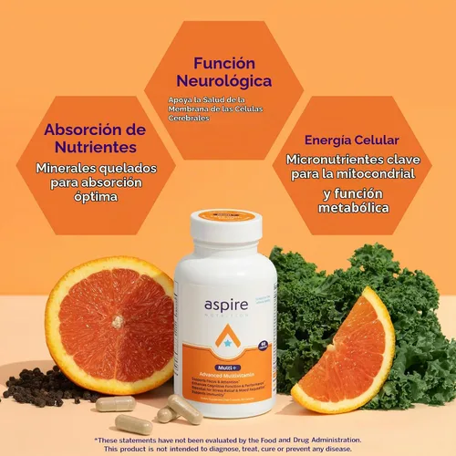 Vista 4 de Multivitamínico avanzado Aspire Multi+ para hombres, mujeres y niños - El mejor suplemento para concentración, atención, memoria, estado de ánimo.