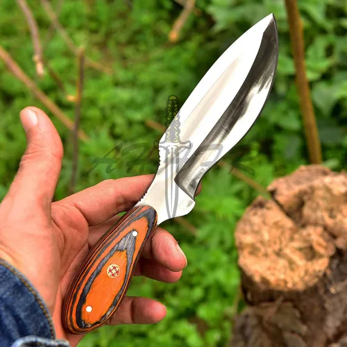 Vista 6 de Cuchillo Bowie - Acero D2, mango de madera PAKKA de 9", naranja, táctico y para exteriores, con funda - KE-0549-HK