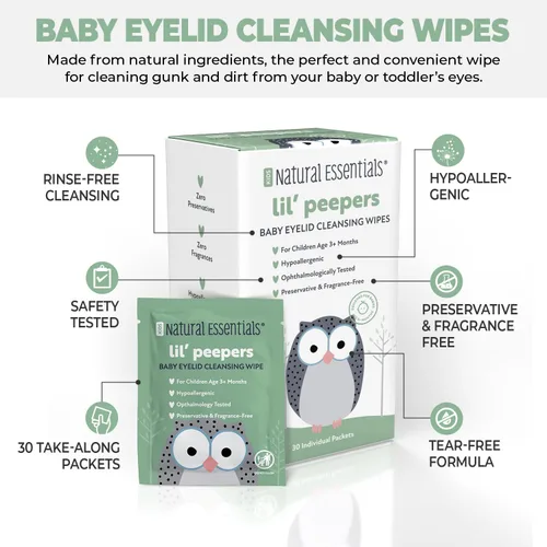 Vista 3 de Natural Essentials Lil' Peepers Toallitas limpiadoras de ojos y párpados para bebés, sin conservantes y sin enjuague, toallitas suaves