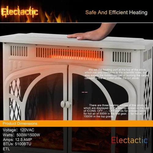 Vista 5 de Electactic Estufa eléctrica de chimenea de 24 pulgadas, estufa de chimenea infrarroja independiente, llama 3D controlable, 4 colores variables