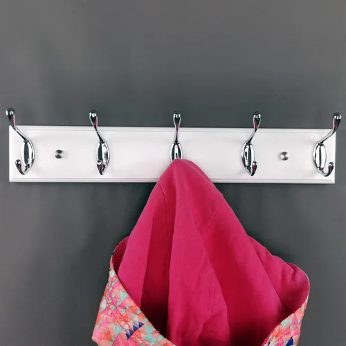 Vista 8 de Perchero de pared con 5 ganchos plateados de madera, 17.3’’, Ganchos resistentes para colgar ropa, sombrero, mochila, etc., Gran decoración moderna
