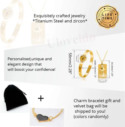 Vista 7 de Uloveido Collar con dije de llave de escudo y pulsera con candado para niñas, niños, pareja, collar, pulsera para hombres y mujeres, regalo