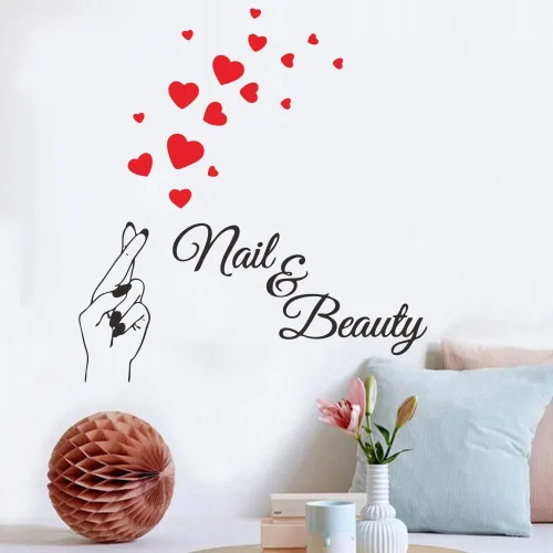 Vista 6 de JWH181 - Adhesivo para pared de uñas y salón de belleza, hermosos dedos y corazones rojos, arte de pared extraíble de PVC para barra de esmalte