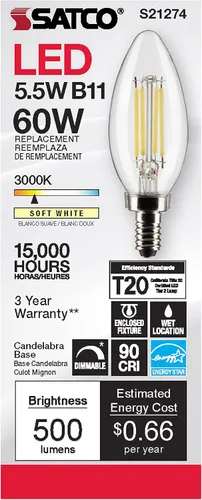 Vista 2 de Satco S21274 - Bombilla LED B11 transparente de 5.5 W, 3000 K, blanco cálido, paquete de 6