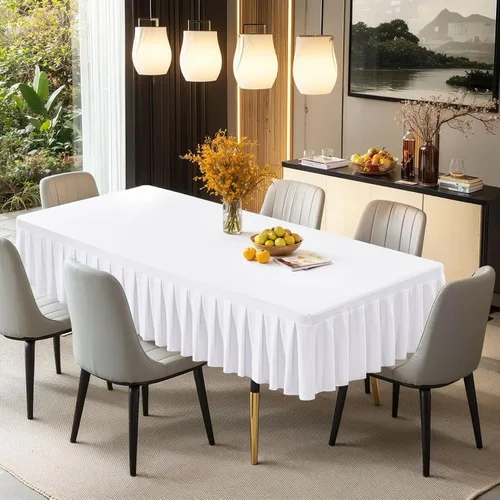Vista 9 de Mantel de elastano negro para mesas rectangulares de 4 pies, mantel elástico ajustable con falda plisada con volantes para mesa de 48 x 24 pulgadas