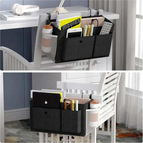 Vista 8 de Edudif Organizador de mesita de noche con correas fijas y soporte para botella de agua, litera ideal para el hogar, dormitorio, hospital, cuna, Negro