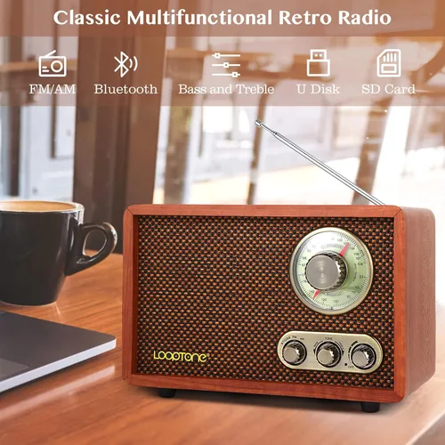 Vista 3 de Radio vintage AM FM multifunción USB SD con altavoz Bluetooth, radio de mesa de madera retro para cocina, sala de estar con perilla giratoria