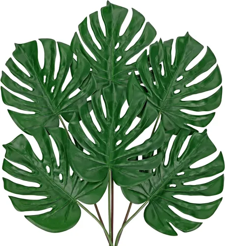Vista 7 de DILATATA Hojas Artificiales de Monstera con Tallos de 28", Hojas Tropicales de Imitación Otoñales Falsas de Seda Naranja Monstera, Ramas de Palma