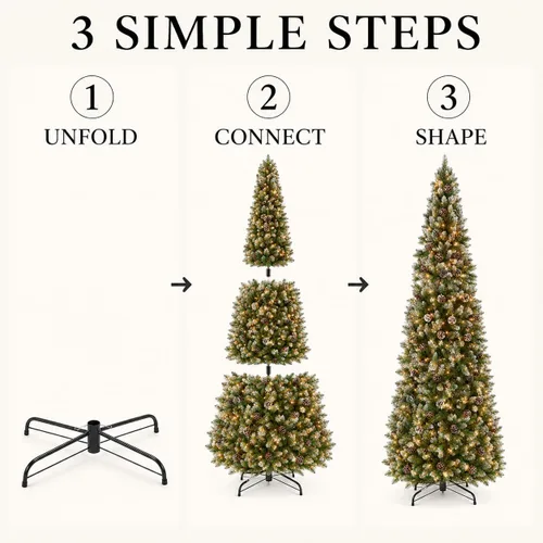 Vista 7 de Garvee 6 FT Prelit Pencil Christmas Tree, 100 Warm White LEDs, 578 Tips Snowy Pine Cones & Mixed Branches, Holiday Tree for Small Spaces