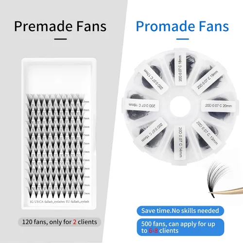 Vista 27 de Extensiones de pestañas de 1200 fans, prefabricadas, con volumen, 9-20mm, bandeja mixta, 20D, con punta en C, base puntiaguda, extensiones
