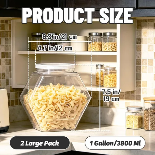 Vista 2 de Woozettn 2 Pack Plastic Cookie Jars,1 Gallon Hexagon Candy Jars with Lid,Clear Hexagon Containers for Kitchen,Office,Dry Food,Snacks,Craft,Laundry
