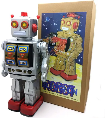 Vista 7 de Charmgle Juguetes de lata retro robot para caminar, robot de escritorio eléctrico giratorio con sonido de pistola de fuego, colección para adultos