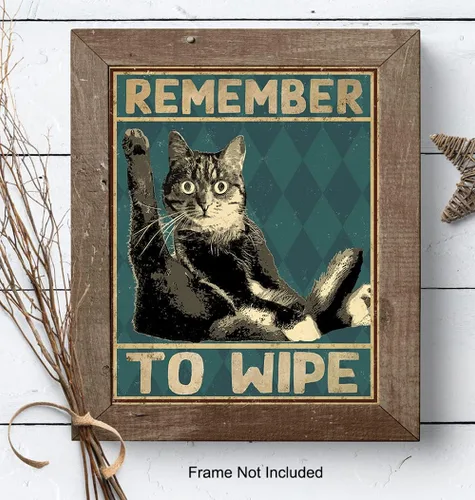 Vista 8 de Divertida decoración de baño de gato, póster con texto en inglés "Remember to Wipe Cat", decoración de pared de baño, decoración de pared de baño