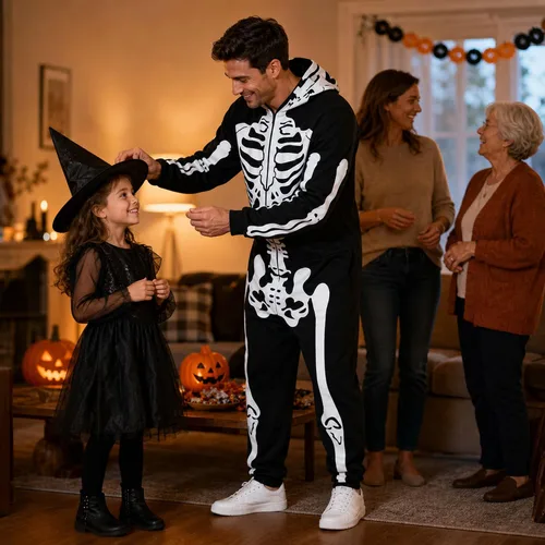 Vista 4 de Disfraz de esqueleto de Halloween para hombres y mujeres, overol
