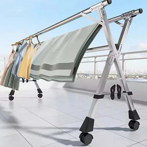 Vista 4 de Estante de secado de ropa de acero inoxidable de 63 pulgadas, perchero plegable para ropa, perchero de ropa ajustable de longitud ajustable