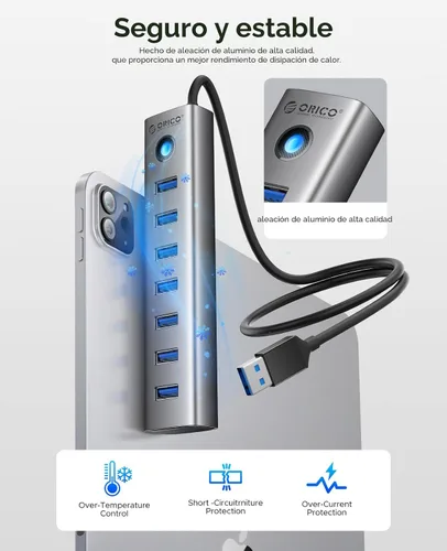 Vista 7 de ORICO Hub USB 3.0 de 7 puertos, adaptador múltiple USB de aluminio, extensor USB de 5 Gbps con cable de 1.64 pies, cable largo UBS-A Hub