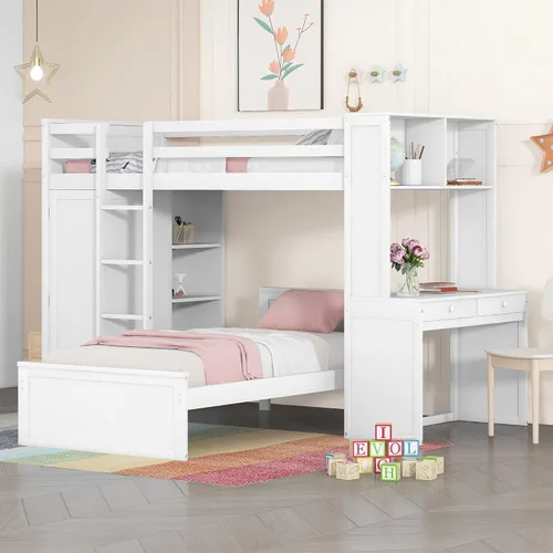 Vista 14 de RUNNA Litera matrimonial sobre individual con escritorio, cajones y escaleras, litera de madera maciza para niños, niñas, adolescentes y adultos
