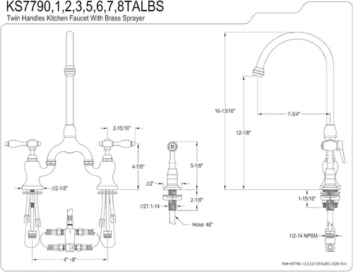 Vista 4 de Kingston Brass KS7798TALBS Grifo de cocina de puente de alcance de 7 3/4 pulgadas con rociador de latón, níquel cepillado, 13.88 x 7.75 x 16.81