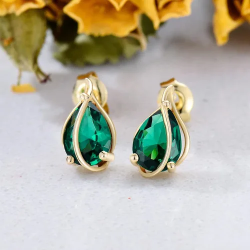 Vista 2 de MUUYON Aretes de esmeralda de oro sólido de 14 quilates con parte trasera forma de pera de oro real aretes de esmeralda creados de 0197 x 0276in