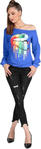 Vista 6 de MAGICMK Sudaderas de manga larga con hombros descubiertos para mujer con estampado de labios y hombros descubiertos