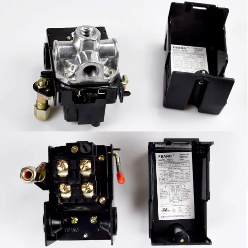 Vista 2 de Válvula de control del interruptor de presión del compresor de aire, 90-120 PSI con regulador y manómetro, 4 puertos 1/4" NPT con válvula