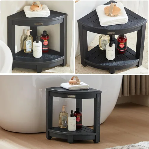 Vista 6 de KaimuBench Banco de ducha para ducha interior, taburete de ducha esquinero de madera de polietileno, asiento de baño de plástico para afeitarse