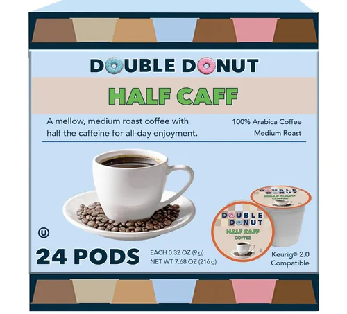 Vista 24 de Double Donut Coffee Cápsulas de Café Half Caff, Cápsulas de Café de Media Cafeína de Porción Individual para Cafeteras Keurig K Cup, Tostado Medio