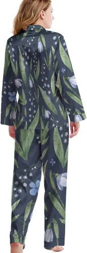 Vista 3 de ONDIAN Conjunto de pijama para mujer, ropa de dormir de manga larga de Lily Of The Valley