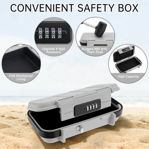 Vista 4 de Caja fuerte portátil, caja de seguridad combinada con código, caja de seguridad antirrobo impermeable con cadena extraíble para playa, dormitorio
