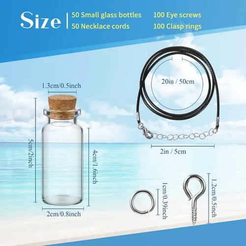 Vista 3 de Sawysine Juego de 50 mini botellas de vidrio de 0.3 fl oz con collar de corcho, frasco pequeño de botella de deseos, cordón encerado, tornillos