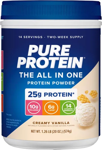 Vista 8 de Pure Protein Polvo todo en uno, chocolate rico, suero de leche y colágeno, alto en fibra, vitaminas, sin azúcar añadido, sin OMG, sin gluten, 1.25