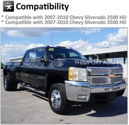 Vista 2 de Inserto de rejilla de aluminio sólido compatible con Chevy Silverado 2007-2010 2500HD/3500HD cromado, 3 piezas