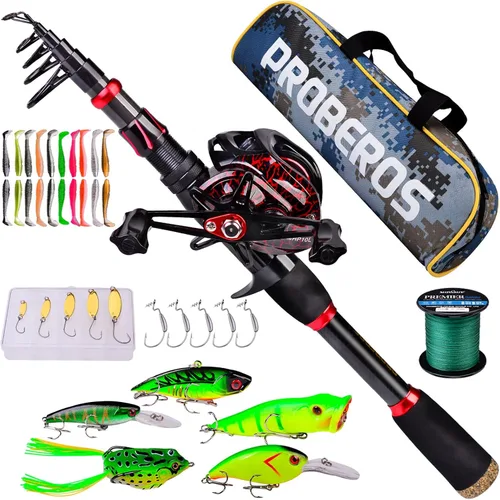 Vista 9 de Combo de caña de pescar y carrete, caña de pescar telescópica de fibra de carbono de 6.9 pies con combo de carrete de spinning/baitcasting, agua A