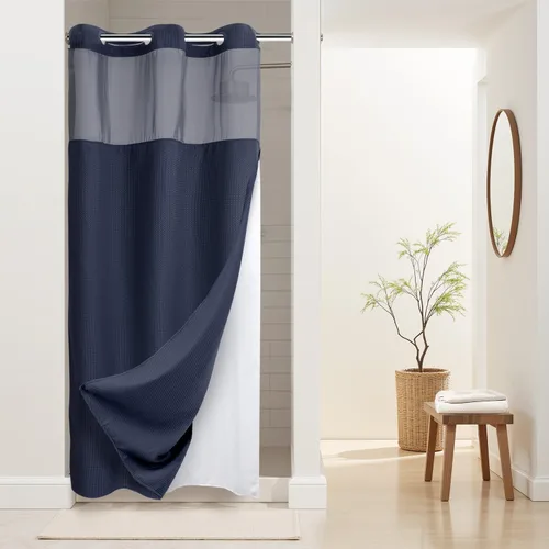 Vista 61 de Cortina de baño River Dream de gran peso sin ganchos necesarios con diseño de gofre punteado y forro a presión - 36W x 74H, de calidad hotelera