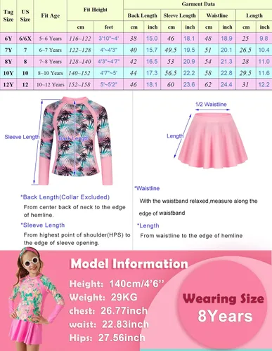 Vista 5 de GRACE KARIN Traje de baño para niñas de manga larga con protector de erupción de 3 piezas, 5-12 años