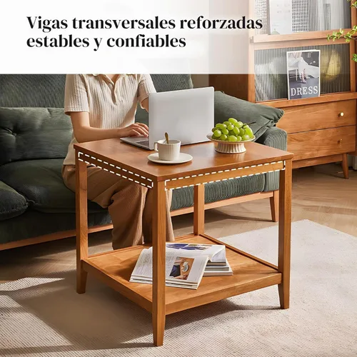 Vista 5 de Mesa auxiliar, mesa auxiliar cuadrada de madera maciza con estante de almacenamiento, mesa auxiliar de 2 niveles para sala de estar, mesa de sofá