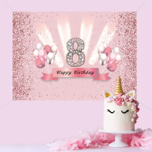 Vista 4 de Decoraciones de feliz cumpleaños número 8 para niñas, pancarta de fondo, decoración de fiesta, cartel de tela, fondo de foto rosa para suministros