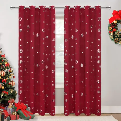 Vista 13 de FRAMICS Cortinas de Navidad con estampado de copos de nieve dorados en papel de aluminio, cortinas opacas con aislamiento térmico para sala de estar