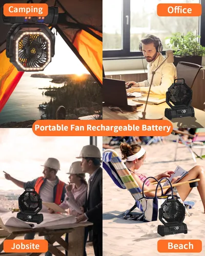 Vista 8 de ADUST Ventilador Portátil de Campamento con Batería, Ventilador con Luz LED 20000mAh Recargable, Oscilación Automática, Rotación de 270°, Gancho