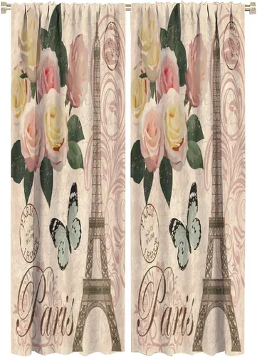 Vista 32 de Cortinas de la Torre Eiffel de París, pintura al óleo, flores moradas, torres de ciudad, con bolsillo para barra, cortinas de ventana