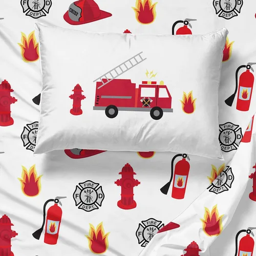 Vista 5 de Trend Collector - Juego de edredón individual de camión de bomberos de 5 piezas, ropa de cama para niños