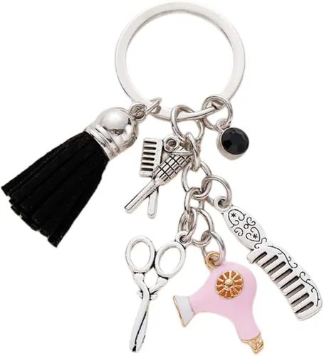 Vista 7 de Fuqimanman2020 Peine tijeras secador de pelo llavero con borla y diamante negro encanto peluquero estilista regalo joyería