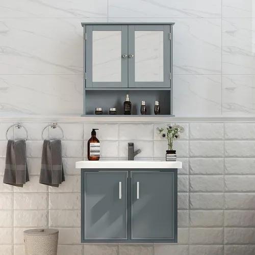 Vista 4 de Basicwise Espejo gris montado en la pared baño y tocador con estantes ajustables, gris, (QI004020.GY)