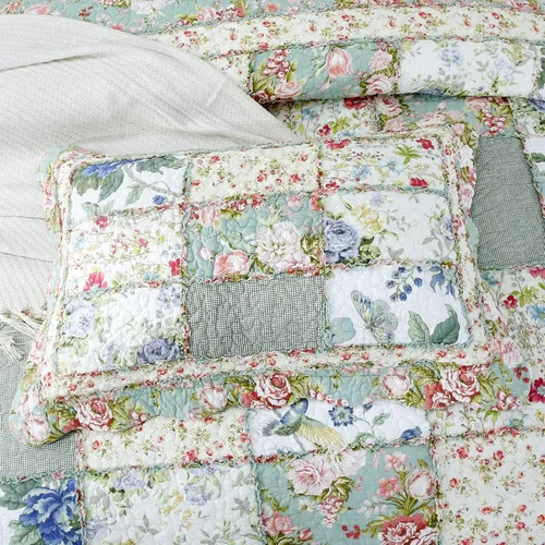 Vista 4 de Brandream - Juego de edredones de tamaño Queen, patchwork de algodón, edredón acolchado con estampado floral campestre verde, juego de colchas