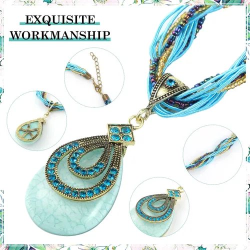 Vista 3 de MTLEE Conjunto de 16 piezas de turquesa bohemia, collar con colgante de turquesa bohemia, aretes colgantes de turquesa, pulsera elástica