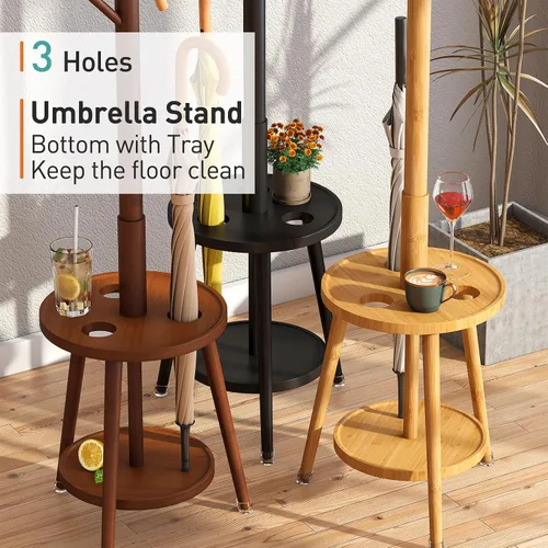 Vista 5 de Perchero de madera de bambú independiente con soporte para paraguas, soporte de altura ajustable con 8 ganchos, perchero para niños, utilizado