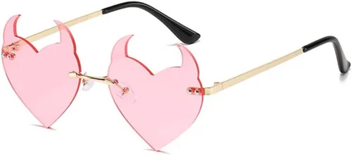 Vista 12 de ENTHYI Diablo Corazón Gafas de sol Rimless rave Moda Halloween Party Funny Negro